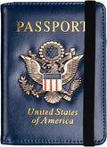 TOURSUIT RFID Blocking Passport Holder for Women Men, Leather Passport Travel Wallet with 3D Metal Badge, Travel Document Holder Cover Accessories (Dark Blue)