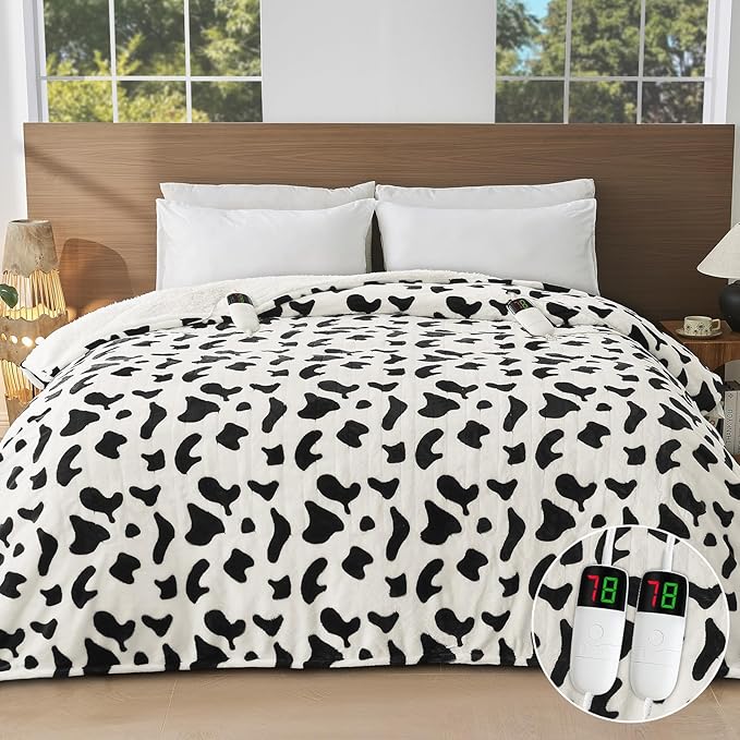 Cow Print Electric Heated Blanket Queen Size,84X90 Black Heating Blanket Queen with Dual Control&Timer&10 Heat Levels,Cute Cow Decor Sherpa Blankets Warmer Gifts for Bed Women Adults,ETL