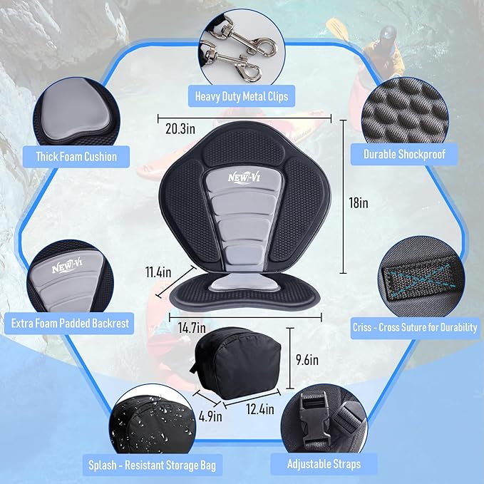 NEW-Vi Deluxe Kayak Seat with Gel Cushion & Storage Bag - Padded Ergonomic Backrest for Kayak, Canoe, SUP, Fishing Boat - Anti-Slip & Waterproof