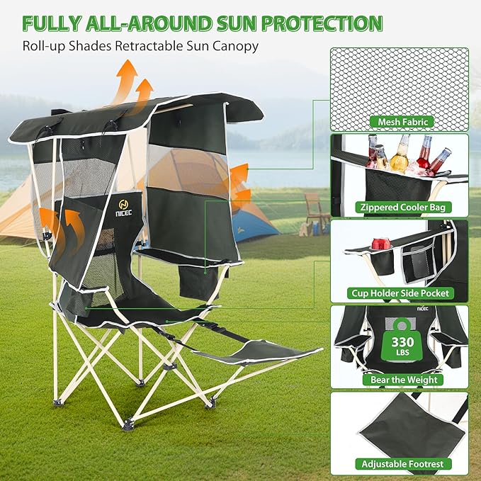 Nice C Chair with Canopy, Umbrella Chairs, Chair with Shades, Sports Chairs, w/Removable Footrest, Cooler Bag, Cup Holder for Camping, Fishing, Sports, Beach (1-P Green)