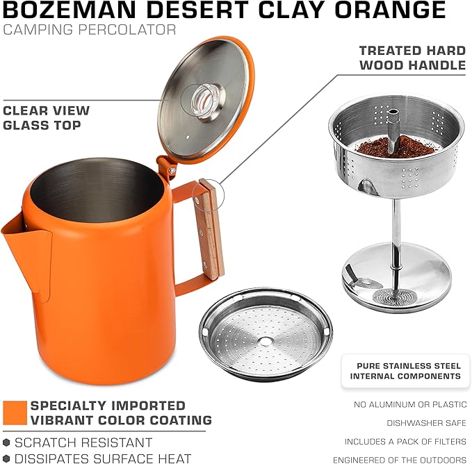 COLETTI Bozeman Camping Coffee Pot — Camping Coffee Makers, Coffee Percolator – America's Sleekest Percolator – NO Aluminum or Plastic (Orange)