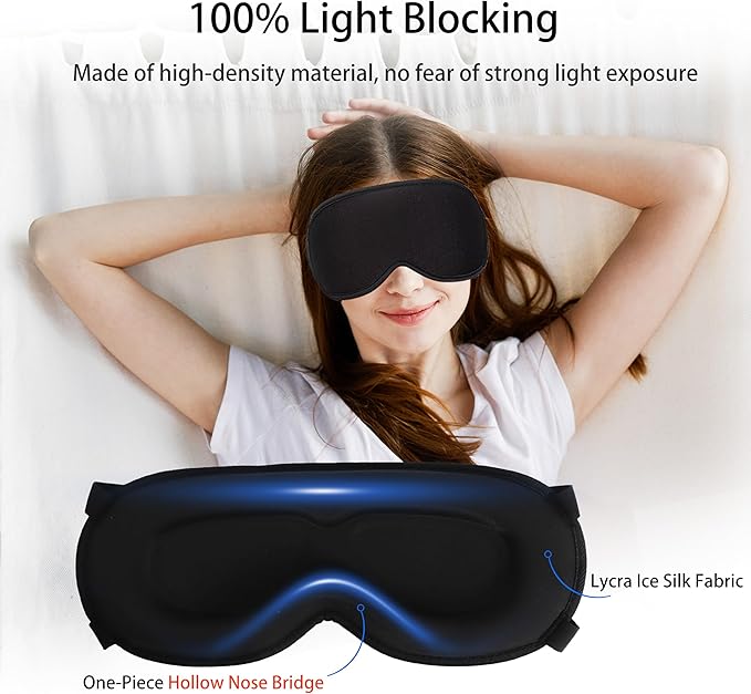 3D Blackout Sleep Mask - Zero Pressure Eye Mask with Double Adjustable Strap, Soft Breathable Lycra Fabric, Perfect for Side Sleepers, Travel, Yoga & Nap - Unisex Design (Black)