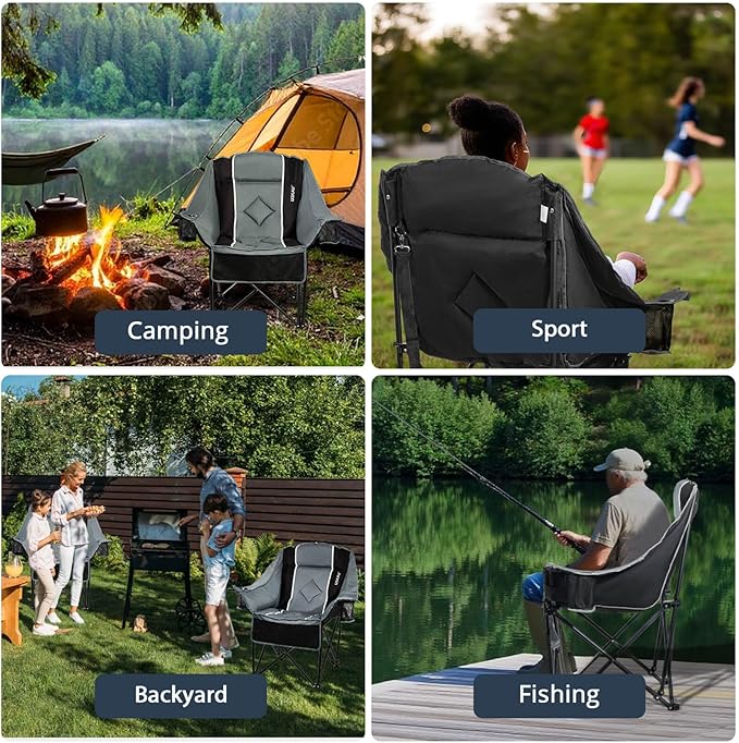 Oversized Camping Chair for Large Adults Heavy Duty 400 lbs Capacity, Comfortable Padded Folding Lawn Chair with Back & Headrest Support and Cup Holder, Portable Outdoor Chair with Carry Bag