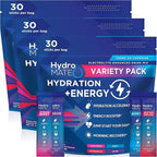 HydroMATE Electrolytes Powder Drink Mix Packets Hydration Accelerator Low Sugar Party Favors for Relief Rapid Recovery Vitamin C Plus Caffeine Variety Pack 90 Count