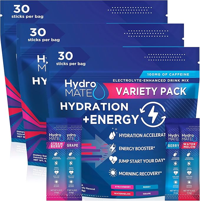 HydroMATE Electrolytes Powder Drink Mix Packets Hydration Accelerator Low Sugar Party Favors for Relief Rapid Recovery Vitamin C Plus Caffeine Variety Pack 90 Count