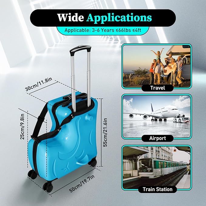 20" Ride-On Travel Suitcase for Kids, Toddler Carry on Luggage with Wheels, Children Travel Rolling Trolly Luggage with Password Lock, Children's Ride On