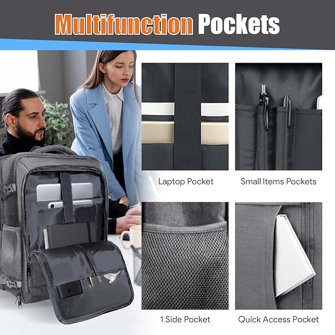 55L Travel Backpack, Carry On Backpack, Expandable 50L - 60L Anti-Theft TSA Flight Approved Large Laptop Bag, Sturdy 18.4 Inch Lightweight Water Resistant Business Bag for Men, Grey