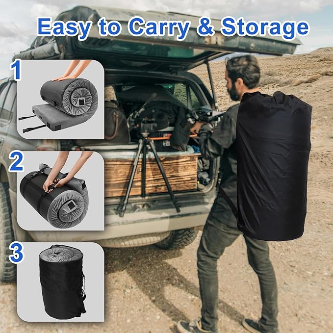 Memory Foam Camping Mattress pad, Comfortable Thick Floor Sleeping Mat for Adults with Waterproof and Non-Slip Bottom, Portable Roll Up Mattress for Sleepover Guest,Cot Mad for Car Camping