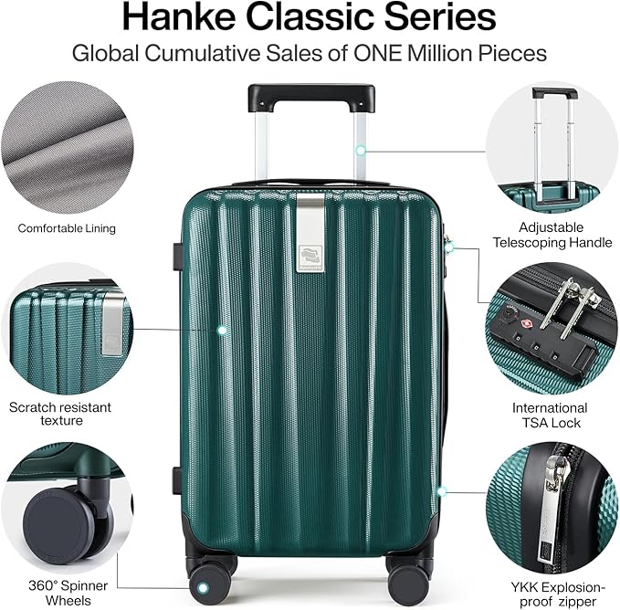 Hanke 20 Inch Carry On Luggage 22x14x9 Airline Approved Lightweight PC Hard Shell Suitcases with Wheels Travel Luggage Rolling Suitcase Travel Luggage Bag for Weekender(Blackish Green)