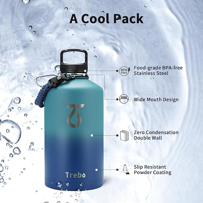 Trebo 1 Gallon(128oz) Water Bottle Insulated with Paracord Handle and Straw,Vacuum Double Wall Stainless Steel Large Jug Keep Cold 48 Hours, Leakproof & BPA Free for Men Gym/Hiking/Camping, Cyan Blue