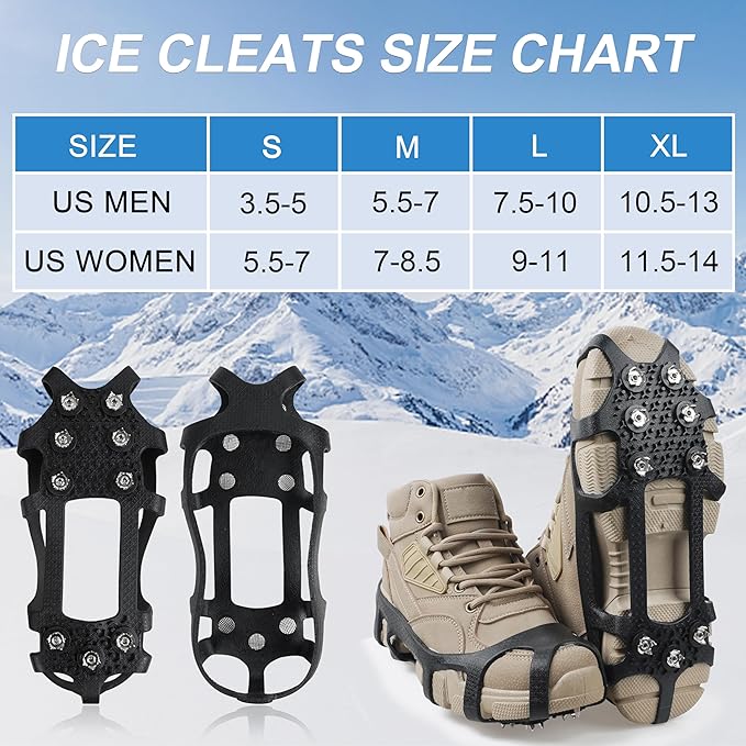 Crampons Ice Cleats for Shoes and Boots Traction Snow Cleats with 9 Studs Snow Cleats Chains Non Slip Rubber Crampons for Hiking Boots Men Women Ice Snow Winter Walking Climbing Fishing