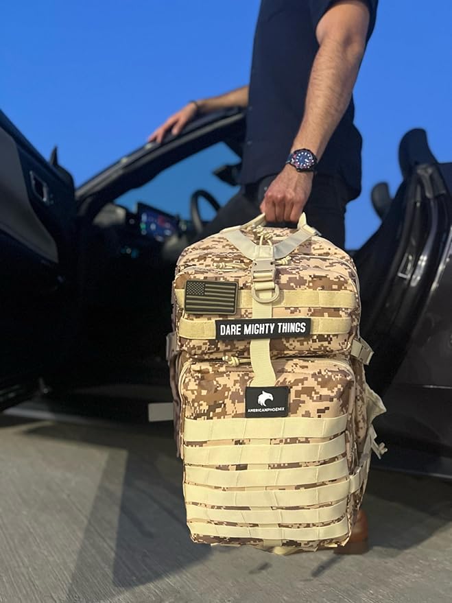 AMERICANPHOENIX 45L Elite Tactical Backpack | 3X Stronger Work & Military Backpack | Water Resistant and Heavy Duty | 3 Day MOLLE Bug Out Bag (Sand Storm)