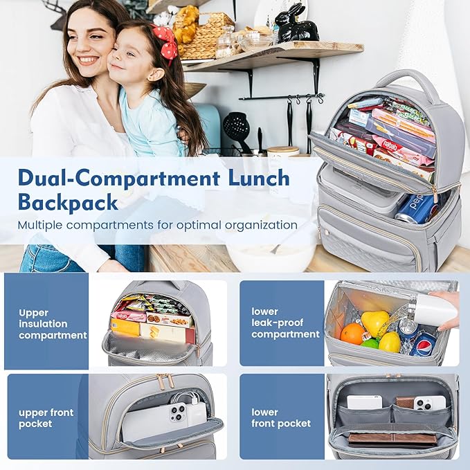 Backpack Cooler Lunch Backpack Double Decker Lunch Box,Insulated Backpack Lunch Cooler Bag, Lightweight Leakproof Lunchbox Backpack for Women Men to Travel,Picnic,Hiking,Beach,Camping