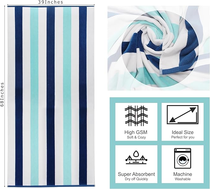 COTTON CRAFT Oversized XL Beach Towel - 2 Pack 39 x 68 inches Big & Huge Beach Blanket Towel - 100% Cotton Velour Thick Plush 450 GSM Super Soft Luxury - Pool Picnic Bath Towel - Cabana Stripe Blue