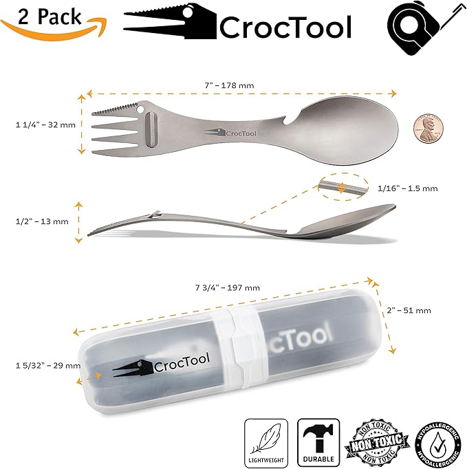 Spork Ultra Lightweight and Strong 5 in 1 Camping Utensil Set-Spoon+Fork+Knife+Peeler+Bottle Opener+Bag+Carry case. Ideal for Outdoors, Home or Office