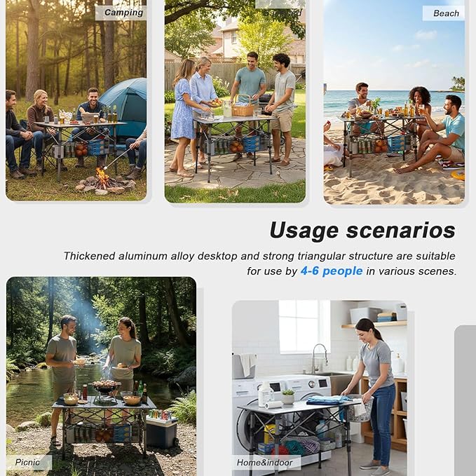 Portable Camping Table with Adjustable Height Legs, Lightweight Aluminum Roll-up beach tables for sand foldable，Folding Picnic Table Large Storage Basket for Outdoor camping (Black, Medium 37")