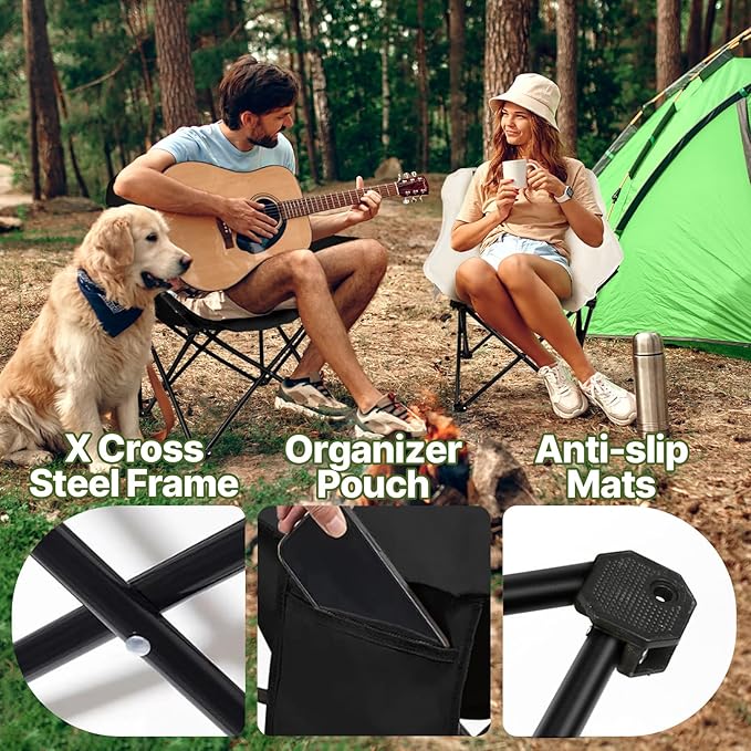 COSY105CMoon Chair Camping Chair Portable Folding Lounge Chair Lightweight Outdoor Recliner 265lbs Capacity Oxford Fabric & Aluminum Frame Includes Carry Bag for Beach Fishing Travel (Black)