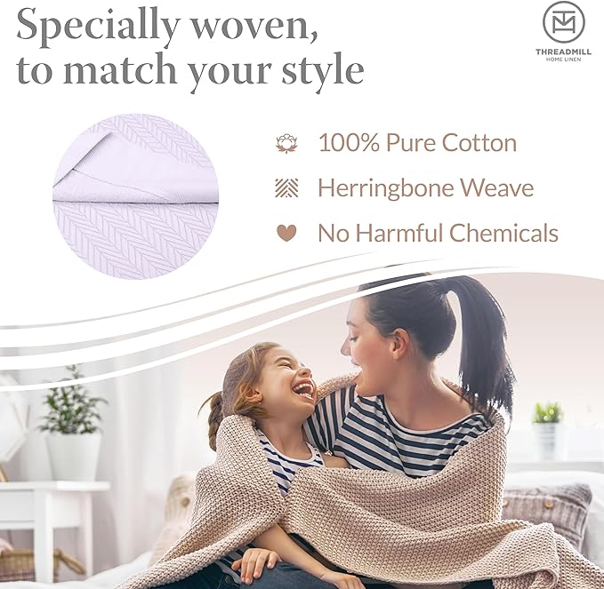 Threadmill Luxury Cotton Blankets for Queen Size Bed | All-Season 100% Cotton Queen Size Blanket | Herringbone Cozy, Soft Breathable Fall Thermal Blanket fits Full Size Bed, 90x92 | Lilac
