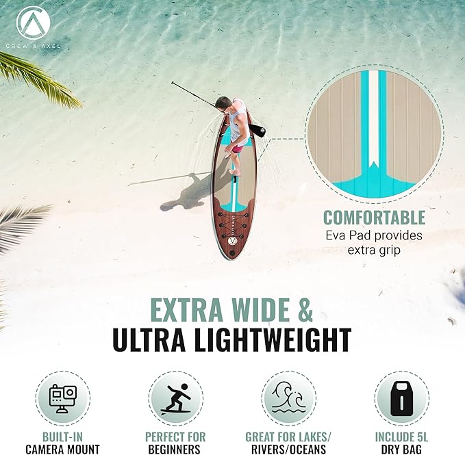 Crew Axel Inflatable Paddle Board 10’33’6” Extra Wide & Lightweight (18lb) Paddle Board – Premium SUP Set Includes 2 Bags, Floating Paddle, Camera Mount, 3 Fins, Dual Pump Kit