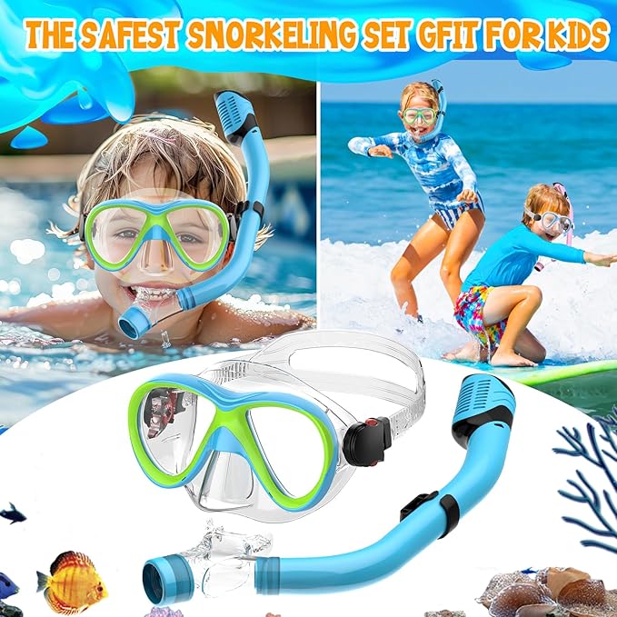 Kids Snorkel Set, Dry Top Snorkeling Gear for Kids, Diving Mask for Youth Boys Girls Age 5-15, Tempered Glass Swimming Goggles Combo Set, Anti-Fog Panoramic View Kids Snorkel Set