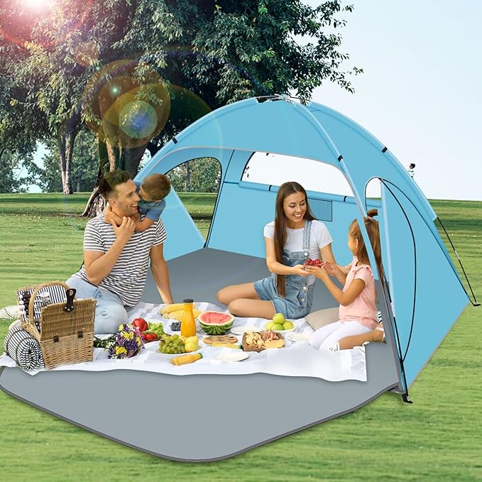 Beach Tent Sun Shelter, Beach Shade Tent with UPF 50+ UV Protection for 2-3 Person, Portable & Easy Setup Cabana, 3 Roll Up Doors & 8mm Fiberglass Rods, Carry Bag Included