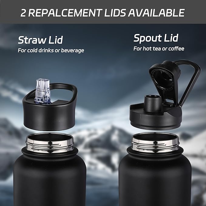 HASLE OUTFITTERS 32 oz Insulated Water Bottle Stainless Steel Double Walled Vacuum Sports Water Bottle with 2 Lids (Straw and Spout Lid) for Gym Camping Hiking(Black,8)
