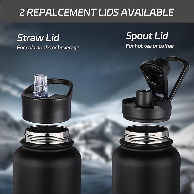HASLE OUTFITTERS 32oz Stainless Steel Water Bottle, Vacuum Insulated Double Walled Leak Proof Sports Water Bottle with 2 Lids (Straw and Spout Lid) Thermo Mug Keep Cold and Hot(Black Gray Gradient,1)