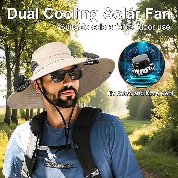 Outdoor Wide Brim Sun Hat with 2 Solar Fan for Men Women UPF50+ Outdoor Hiking Sun Protection Bucket Fishing&Cycling Hat
