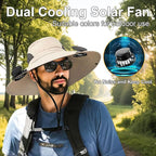 Outdoor Wide Brim Sun Hat with 2 Solar Fan for Men Women UPF50+ Outdoor Hiking Sun Protection Bucket Fishing&Cycling Hat