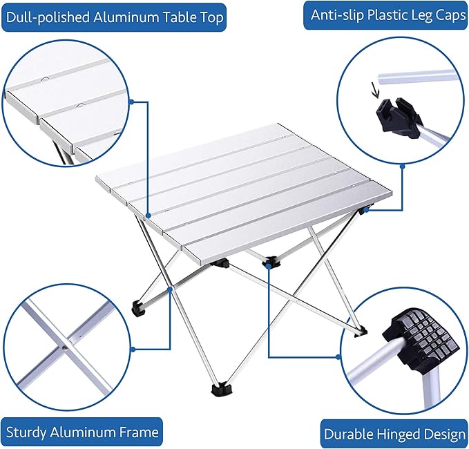 Grope Portable Camping Table with Aluminum Table Top, Folding Beach Table Easy to Carry, Prefect for Outdoor, Picnic, BBQ, Cooking, Festival, Beach, Home (Silver-L)