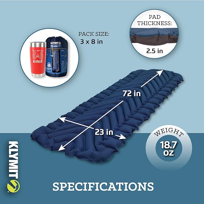 KLYMIT STATIC V Sleeping Pad, Lightweight, Outdoor Sleep Comfort, Best Camping Gear for Backpacking and Hiking, Inflatable Camping Mattress