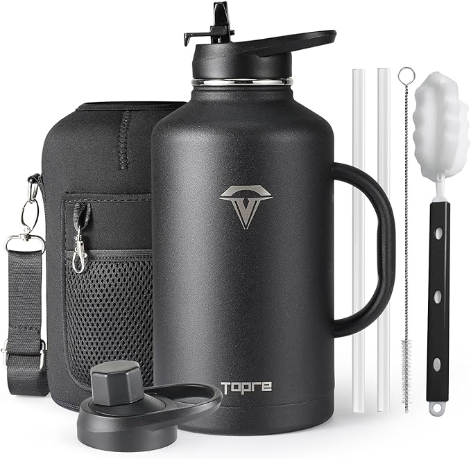 Half Gallon Water Bottle with Straw and Lid, 64 oz Insulated Stainless Steel Jug with Handle,Reusable Metal Travel Flask Mug Cup With Carry Pouch and Brush,Keep Cold & Hot,Black