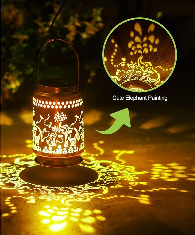 Nacome Elephant Solar Lanterns for Garden Decor: Waterproof Hanging Metal Decorations with LED Lights for Yard Lawn Porch Patio Landscape Pathway