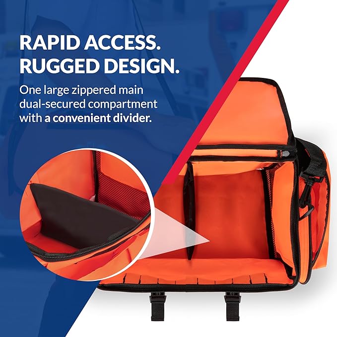 First Responder Trauma First Aid Kit Bag – Fully Stocked Emergency Medical Kit for Workplace, Vehicle & Home – OSHA & ANSI Compliant – Portable – Orange