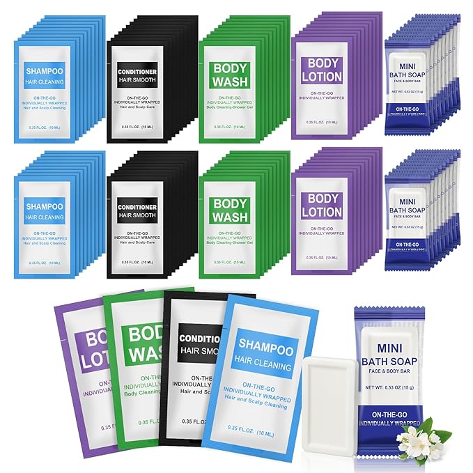 100 Pcs 5-IN-1 Hotel Soaps and Toiletries Bulk Set,5-Piece Set 0.35 oz each Packets Shampoo,Conditioner, Body Wash and Lotion,0.53 oz Soap Mini Travel Size Toiletries Supplies kit for Guests,Homeless