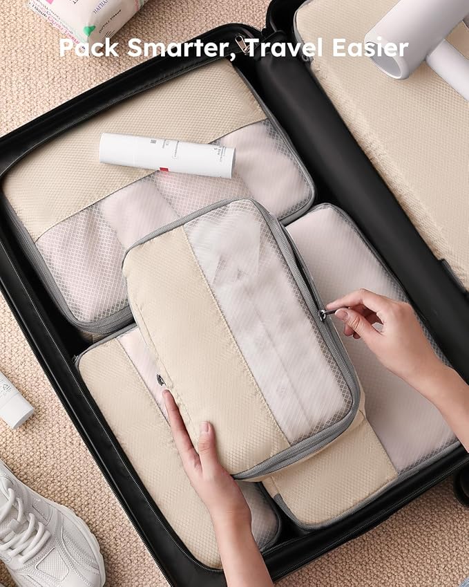 4 Set Compression Packing Cubes for Travel, Bonus Versatile Drawstring Backpack, Lightweight Luggage Organizer Bags, Sturdy Travel Accessories for Suitcase, Beige