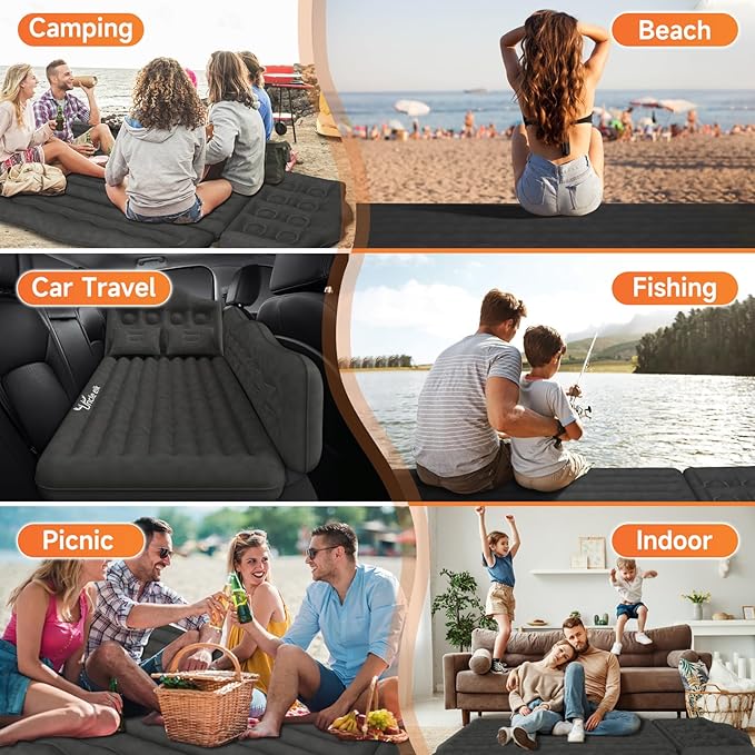 Car Air Mattress Bed: Inflatable Back Seat Air Mattress for Car, Thickened Camping Sleeping Pads with 2 Pillows & Air Pumps, Fits Sedan/Truck/SUV, Black