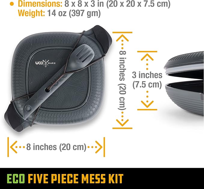 UCO Recycled ECO 5-Piece Camping Mess Kit with Bowl, Plate, Switch Spork Utensil Set