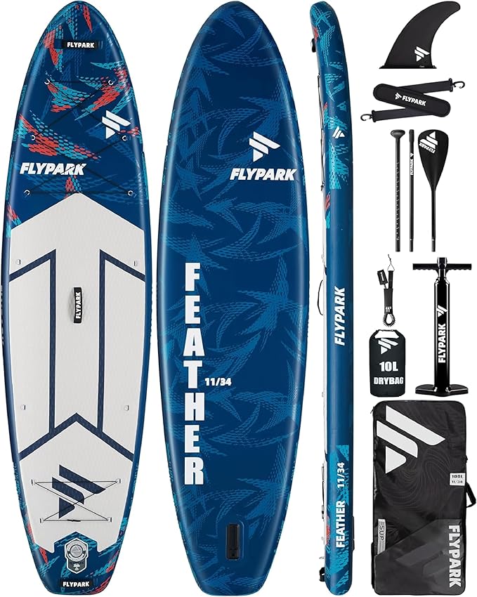 Flypark 11'x34 Inflatable Paddle Boards, Extra Wide SUP for 420lbs/3Adults, Yoga Stand Up Paddle Board, 110L Backpack, 15 D-Rings, Shoulder Strap, US-Fin, 2-Action Pump