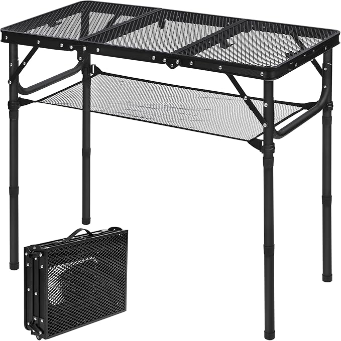 REDCAMP Small Triple fold Folding Grill Table for Outside, 3 Heights Adjustable Lightweight Portable Metal Aluminum Frame Outdoor Table for Camping Picnic Cooking BBQ, Black, 34x16 inches