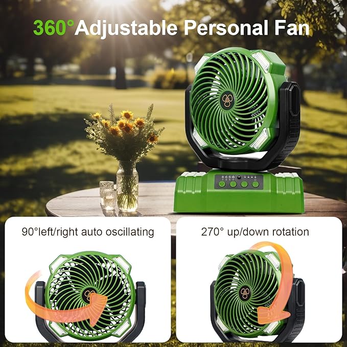 20000mAh Camping Fan with LED Lantern, 360° Oscillation, Remote Control, 4 Speed & Timer, Rechargeable Battery Powered Fan for Tent, Outdoor, Travel, Hurricane, Emergency, Power Outage (Green)