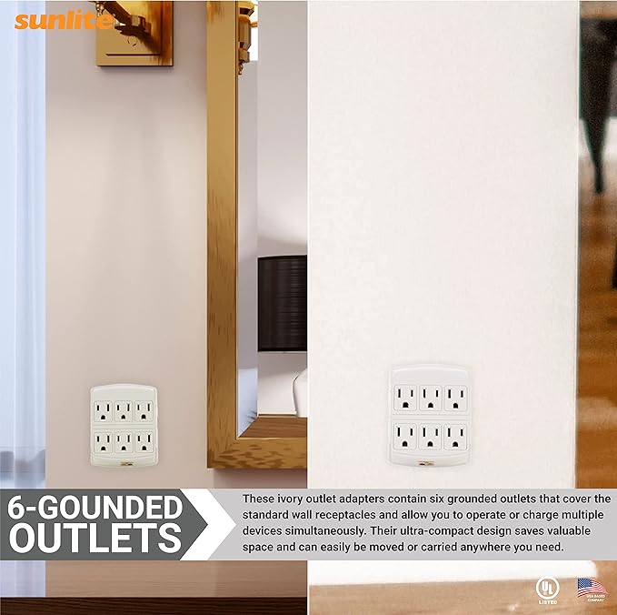 Sunlite 41408 6 Grounded Outlet Adapter, Wall Mountable, 3 Prong Outlet Extender Power Strip, Home and Office, UL Listed, Ivory 4 Pack
