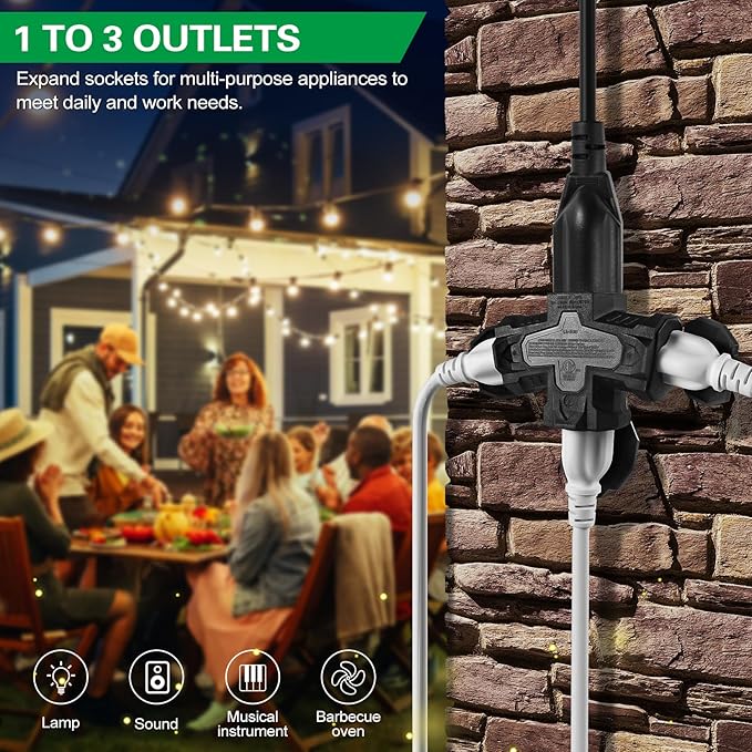 3-Prong Grounded Indoor Outdoor Wall Adapter, ETL Listed Outlet Splitter, Weatherproof Heavy Duty Multi Power Plug Extender With Protective Cover, Black (2 Pack)