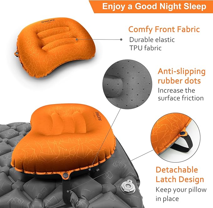 Inflatable Camping Pillow, Travel Blow Up Air Pillow, Neck Lumbar Support Ultralight Compact Pillow for Outdoor Hiking Backpacking Car Beach Airplane Sleeping Essentials, Orange
