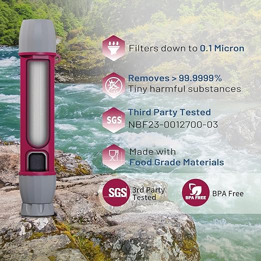 YWF01 Personal Filter Straw for Drinking Survival, Portable Water Purifier Filtration System Survival Gear and Supplies for Camping, Hiking, Travel, and Emergency Preparedness (Plum Red, Pack of 2)