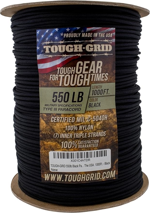 TOUGH-GRID 550 Paracord Rope Nylon Parachute Cord, Made in USA Survival Kit, Outdoor Adventures, Camping, Tactical Gear & Emergency Supplies, Military Type III Mil-Spec