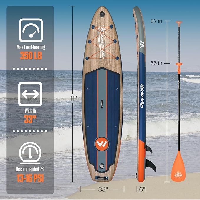 Inflatable Paddle Boards for Adults and Youth, 11'x33 Wood Grain Stand Up Paddle Board with SUP Accessories, Portable Inflatable Paddleboard for All Skill Levels,Blow Up Paddle Board as Present