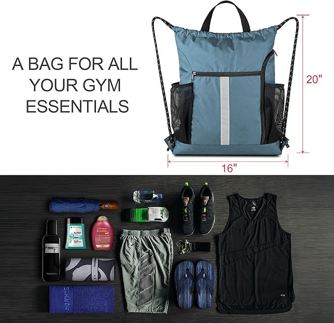 BeeGreen Blue Sport Cinch Bag String Backpack with Shoe Compartment and Two Side Mesh Pockets Machine Washable Sturdy Gymsack Drawstring Sackpack