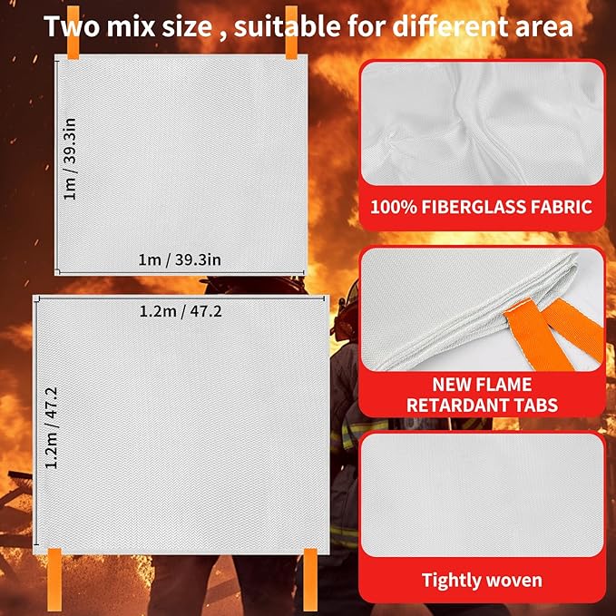 Home Safety Emergency Fire Blankets, (47.2 * 47.2/39.3 * 39.3” Two Mix Size) 4PACK Fire Blanket for Kitchen, Fireproof Fiberglass Fire Safety Blanket, Camping, Grill, Car, Warehous.
