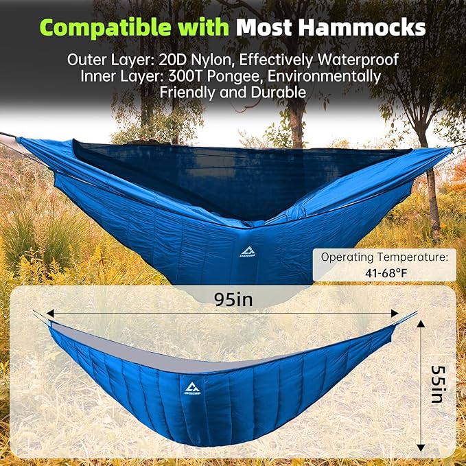 Hammock Underquilt for Camping Hammock - Blue - Full Length Camping Quilt for Lightweight Soft Warm 3-4 Seasons 41-68°F, for Hiking Backpacking Traveling Beach (Hold Up to 500lbs)